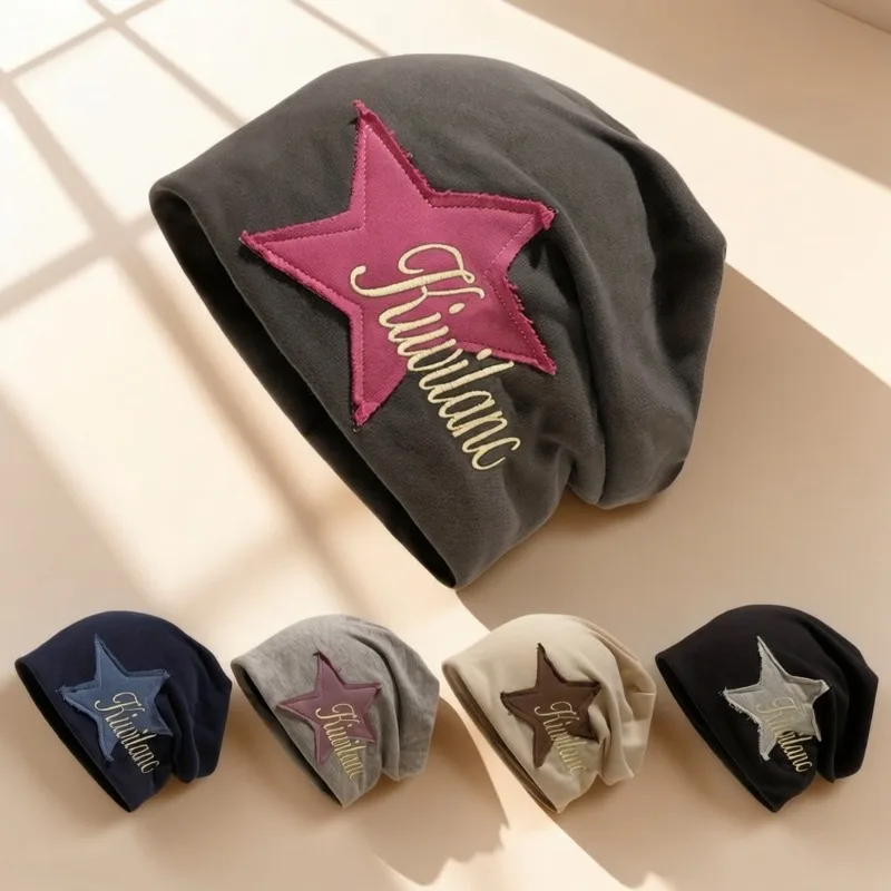 Y2K Star Patch Slouchy Beanie Hat Women Vintage Letter Embroidery Thin Skullcap Casual Streetwear Lazy Bonnet Hat for Daily Wear