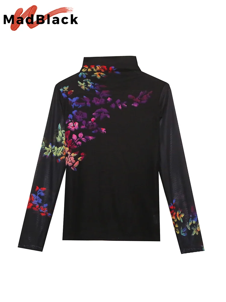 MadBlack Spring t-Shirt Sexy Position Flower Printed Women Mesh top dolcevita Bottoming Shirt manica lunga Tees New T32403Z
