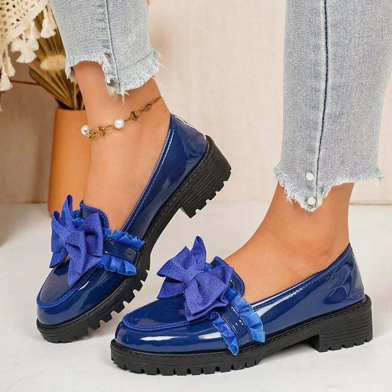 Women's Patent Leather Loafers Bowknot Round Toe Platform Casual Shoes for Women Thick Middle Heels Autumn Ladies Pumps