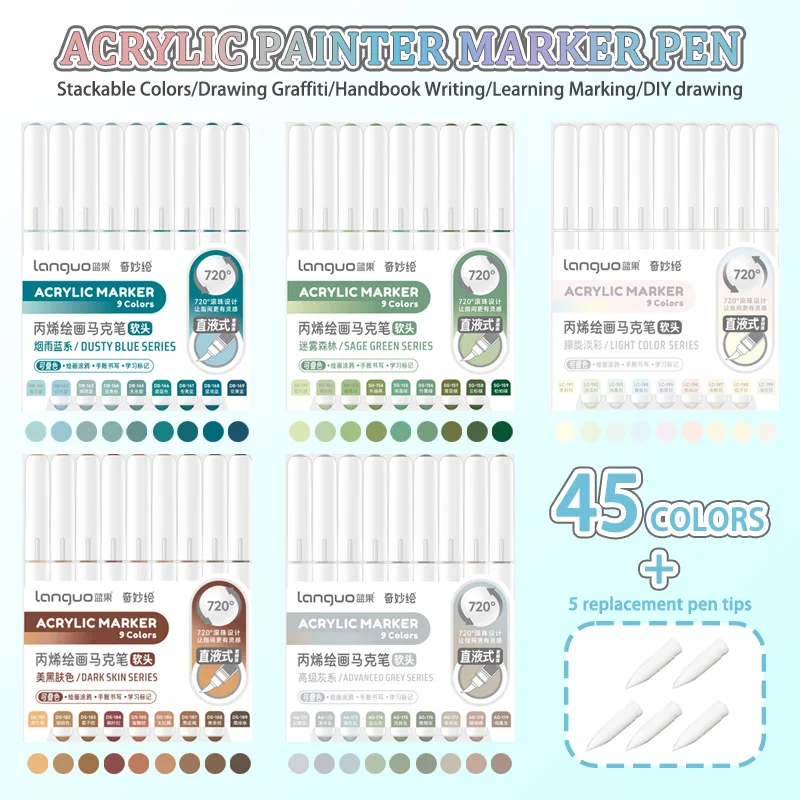 

45/81/126/171 colors Languo Soft Brush Acrylic Marker Pen Set,With Replacement Pen Tips,Acrylic Painting Pens,M720