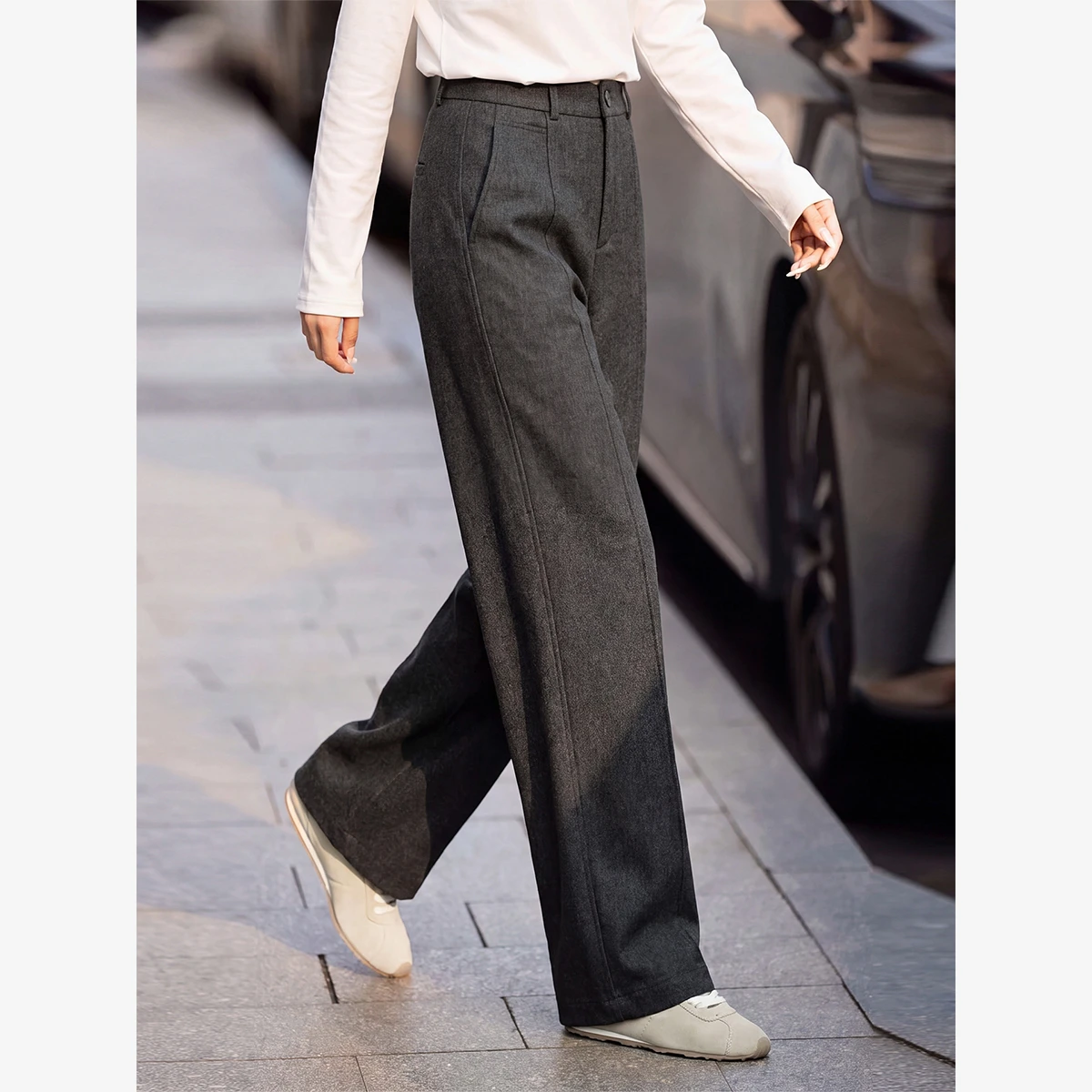 VIMLY Women's Dark Heather Grey Casual Pants 3D‑seam Tailored Straight‑leg Baggy Pants 2026 Fall Elegant Fashion Trousers 31737