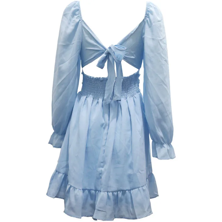

2025 New Spring and Autumn Long-sleeved Square Neck Ruffled Backless Slim Fit Mid-length Chiffon Lace-up Dress