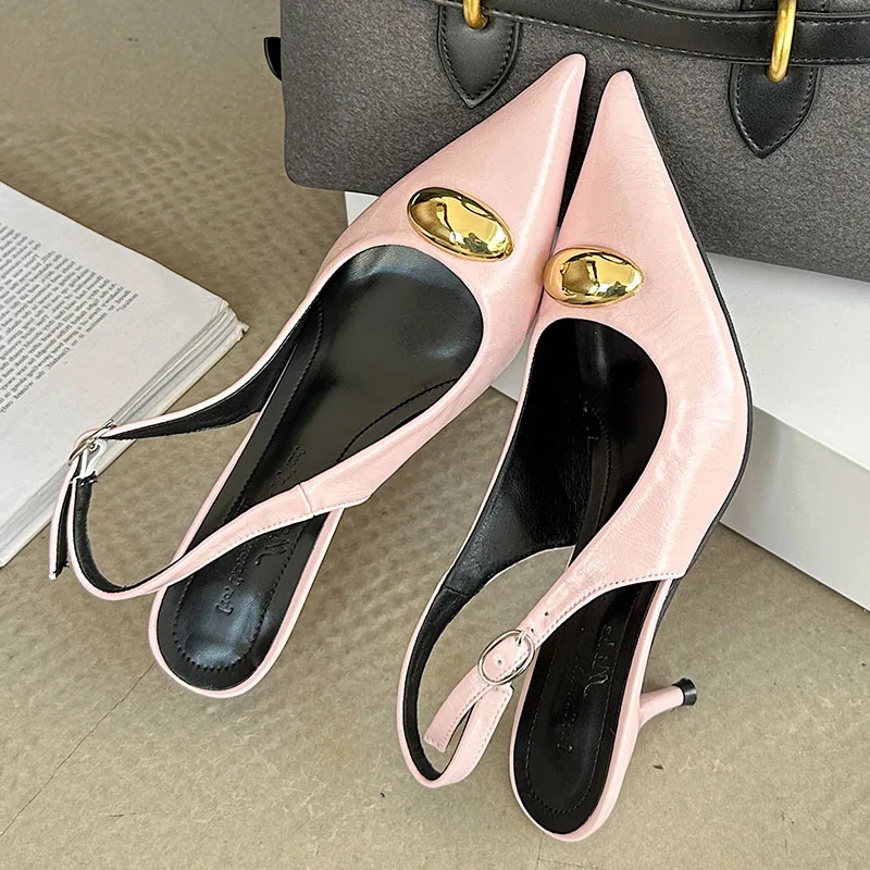 Fashion Metal Rivet Footwear Shallow Women Medium Heels Pumps Shoes 2025 Female Slingbacks Pointed Toe Ladies Thin Heels Shoes