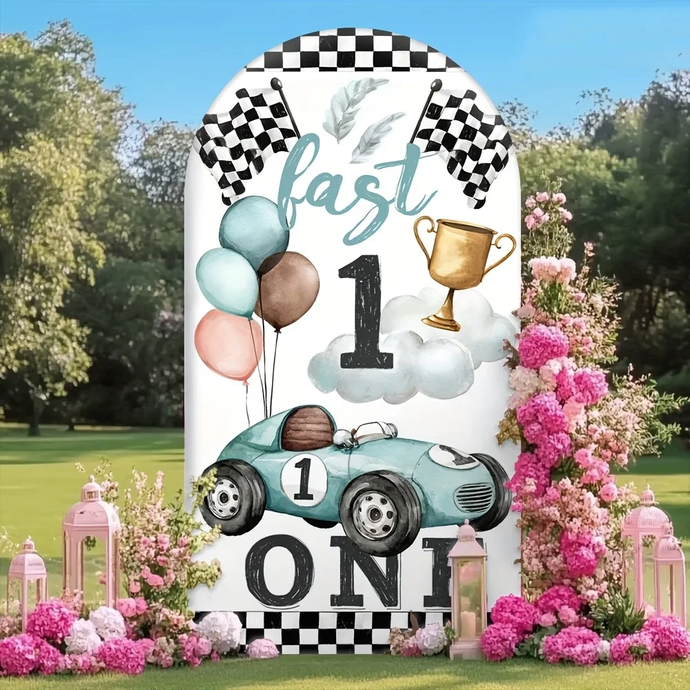 Newborn First One Birthday Party Banner Backdrop 2-sided Vintage Racing Car Balloons Checkered Flag Background Arch Cover Props
