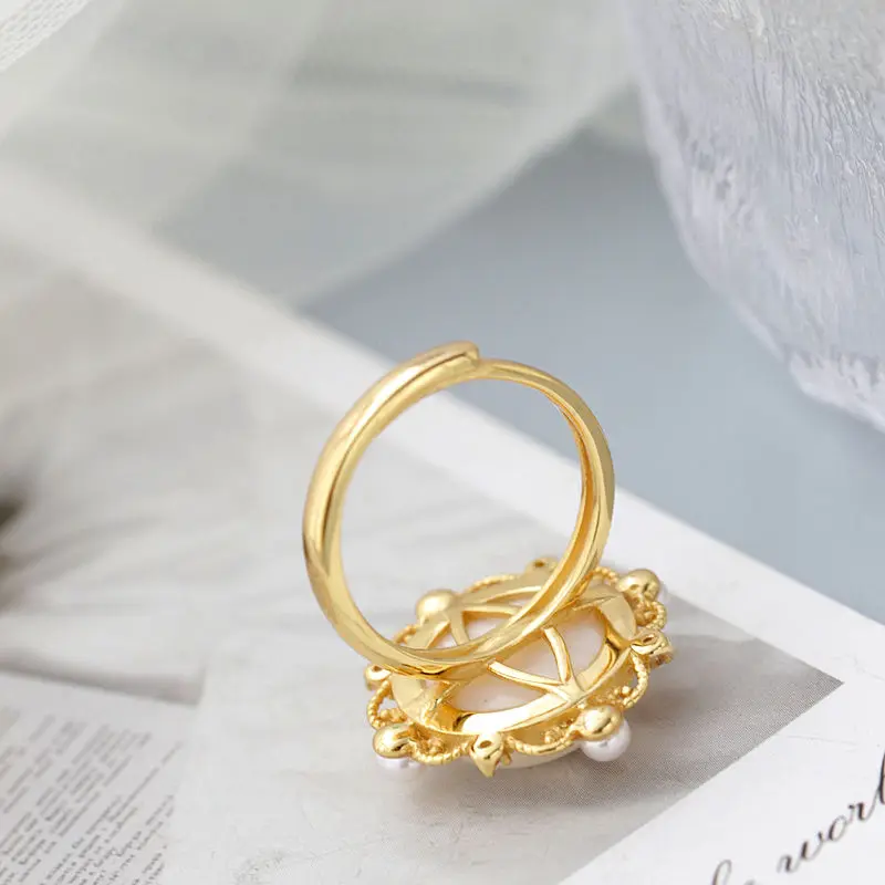 Simple Elegant Women 925 Sterling Silver Ring Inlaid White Mother-of-Pearl and Pearl 18k Gold Plating Adjustable Rings Jewelry