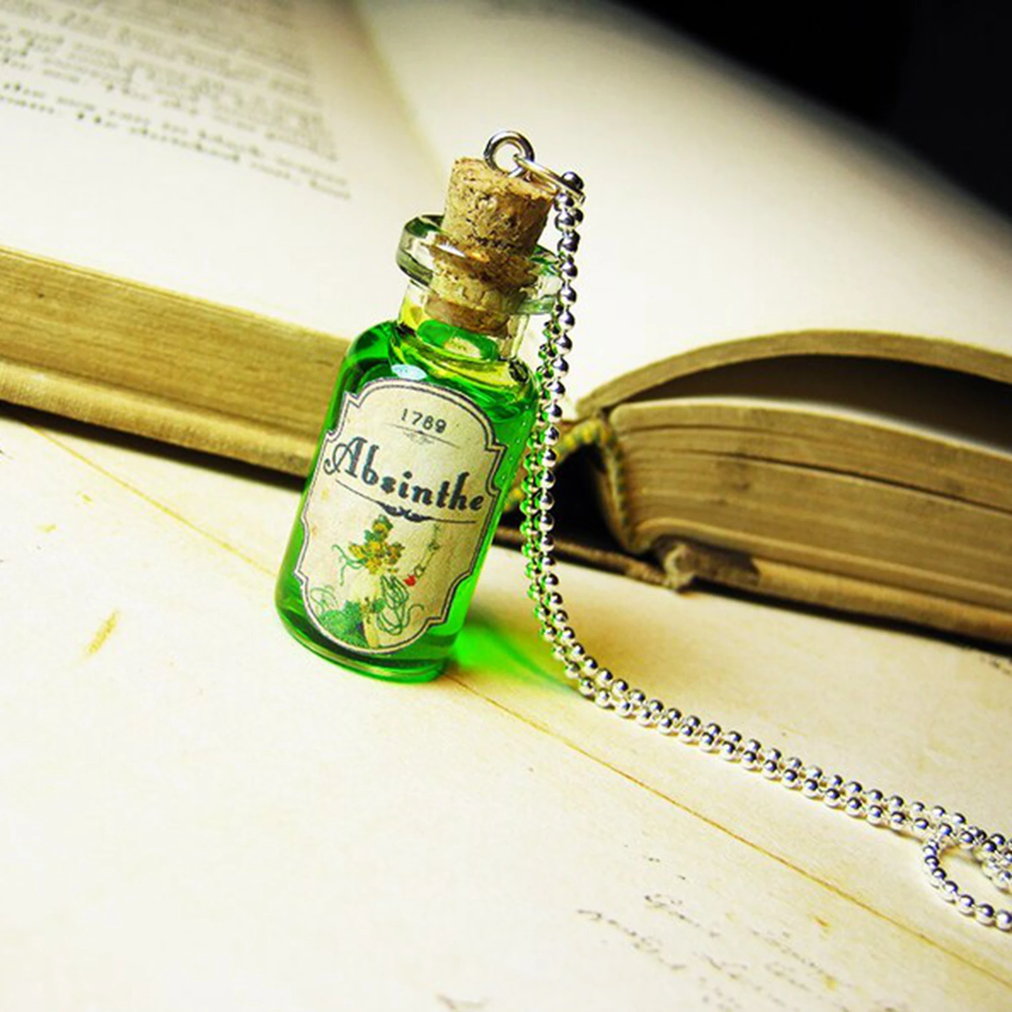 Absinthe Glass Bottle Necklace Charm Green Fairy Cork Vial Pendant Halloween Alcohol