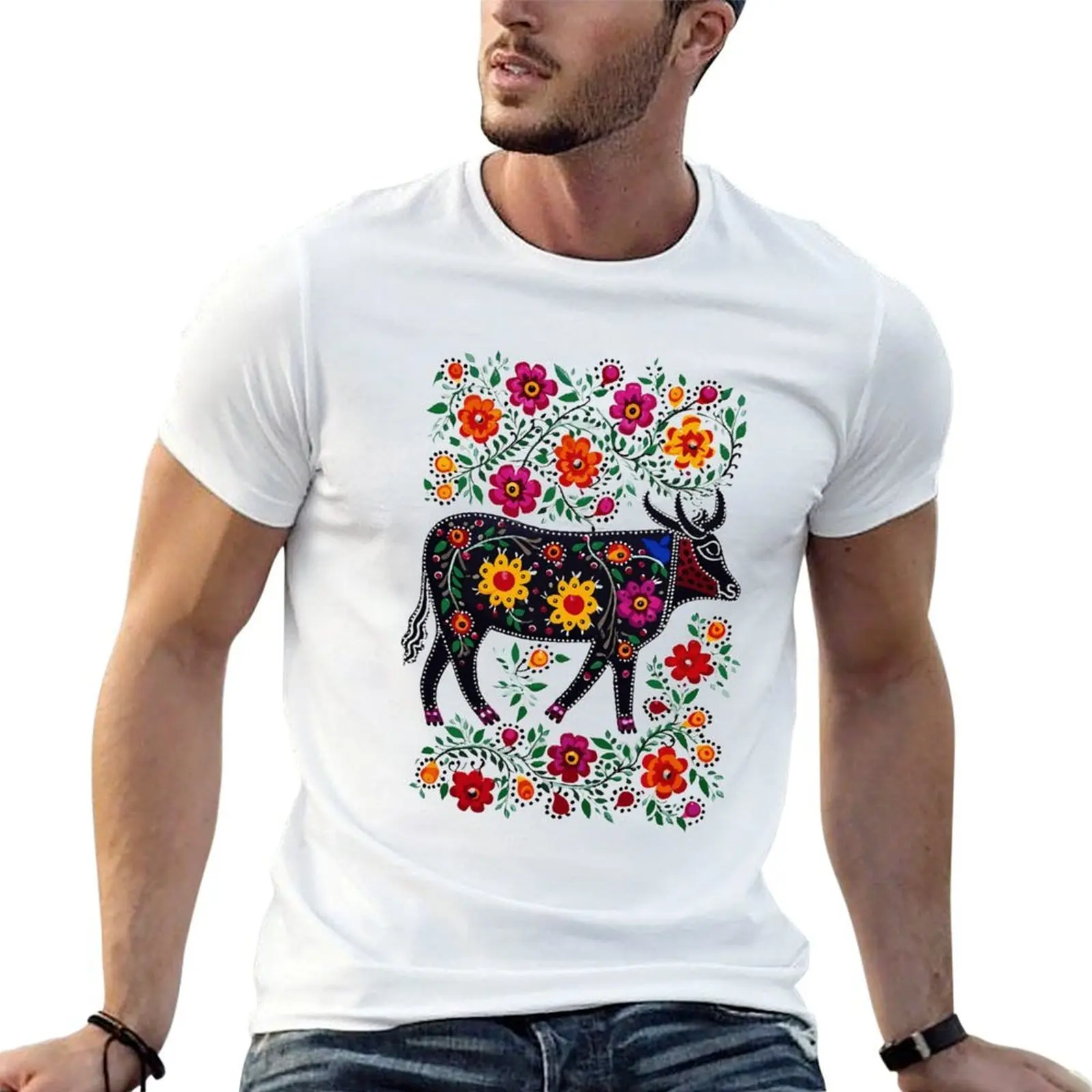 Polish Folk Art Design Cute Cow With Flowers T-Shirt funny costumes blue archive men tshirt