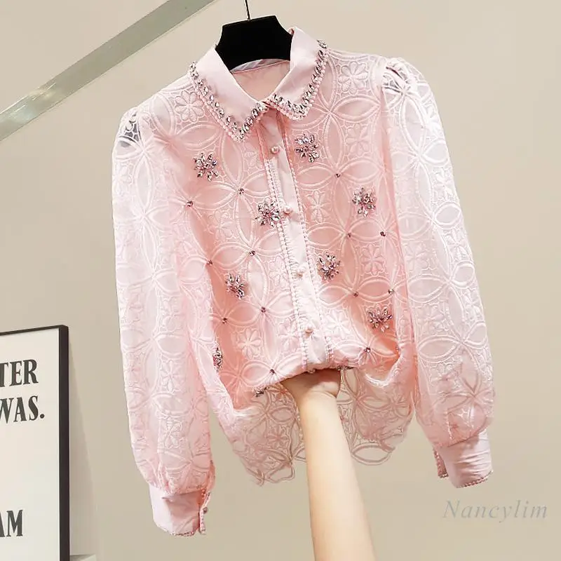 Luxury Blouses for Ladies Fashion Heavy Industry Beads with Diamonds Design Sense Chic Spring Top New Loose Versatile Shirts