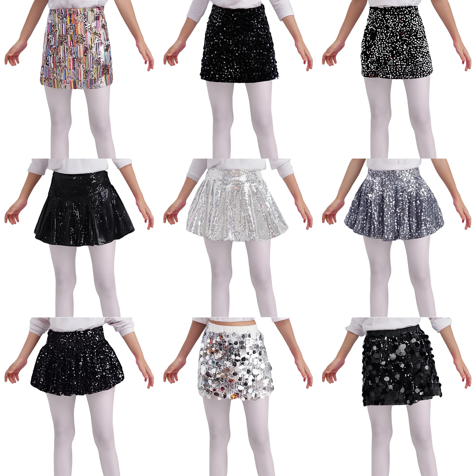 Kids Girls Elastic Waist Sparkling Sequins Skirt with Built-in Shorts for Birthday Party Jazz Hip Hop Dance Stage Performance