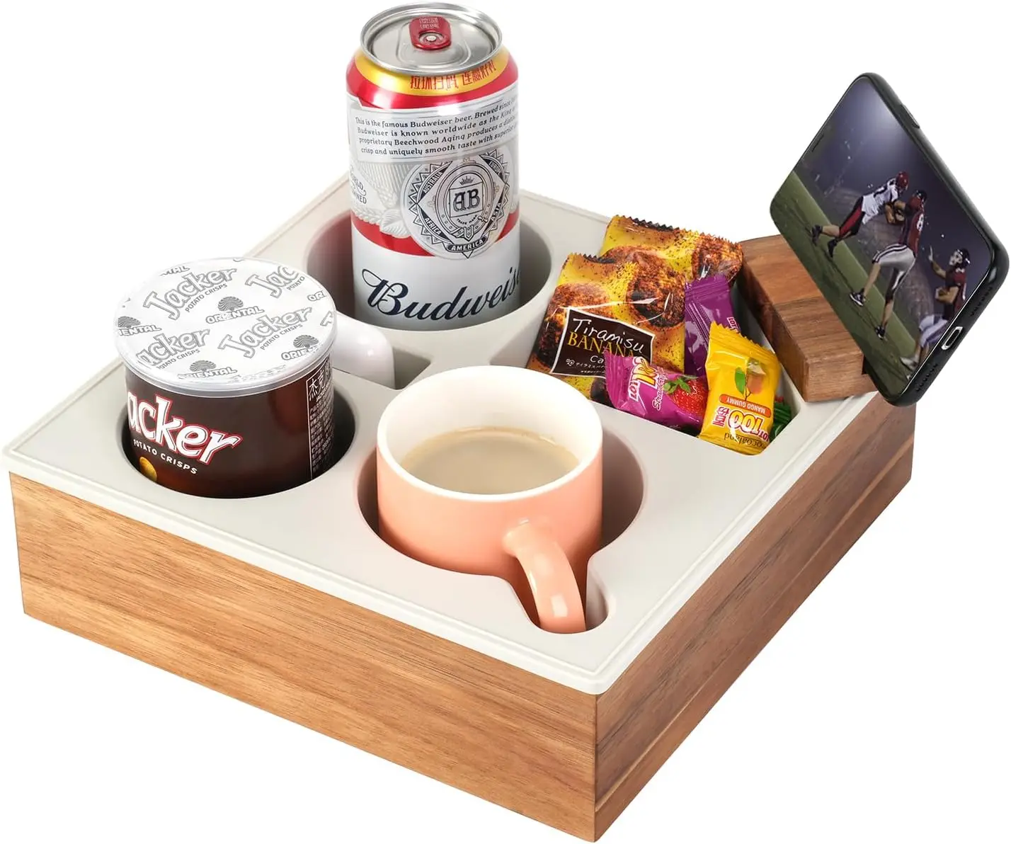 Couch Cup Holder Tray, Silicone Wooden Couch Caddy for Bed Car Seat Beach Organizer,Sofa Cup Holder for Snacks Beverage