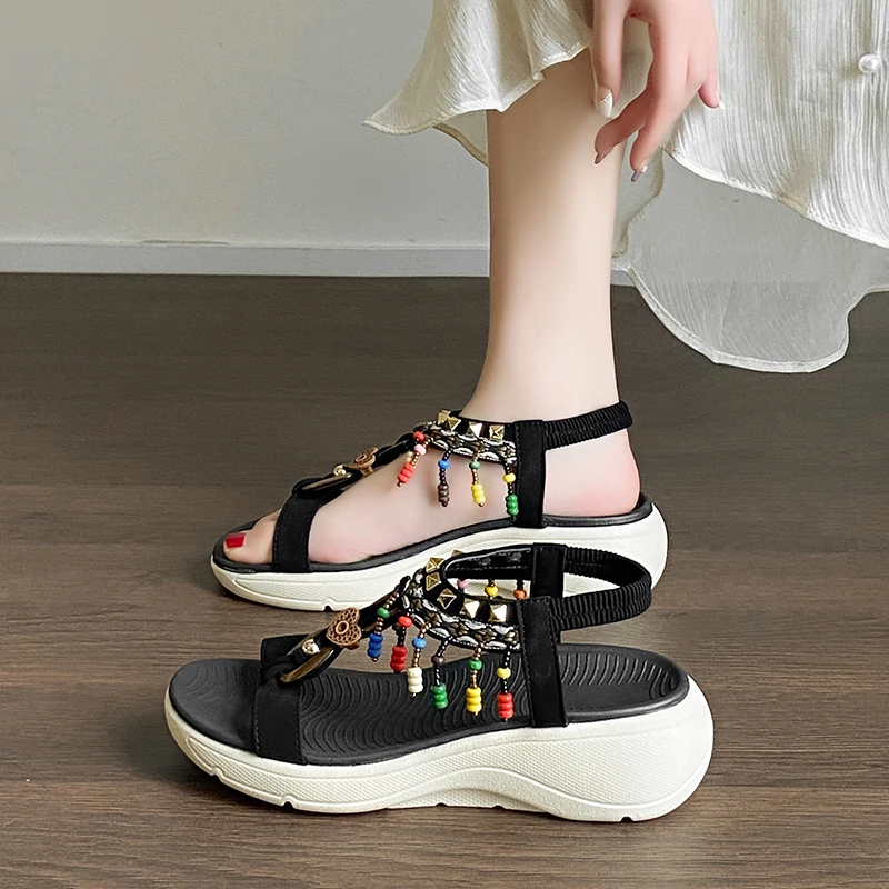 2026 New Casual Round Toe Open-Toe Women's Sandals Fashion Brand Designer Roman Sandals Trendy Beaded Women's Beach Sandals 42
