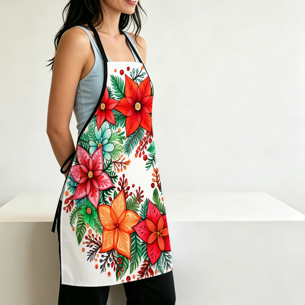 Vibrant Floral Style Apron Red Poinsettia Print Kitchen Aprons Cooking Baking Gardening Adjustable Bibs