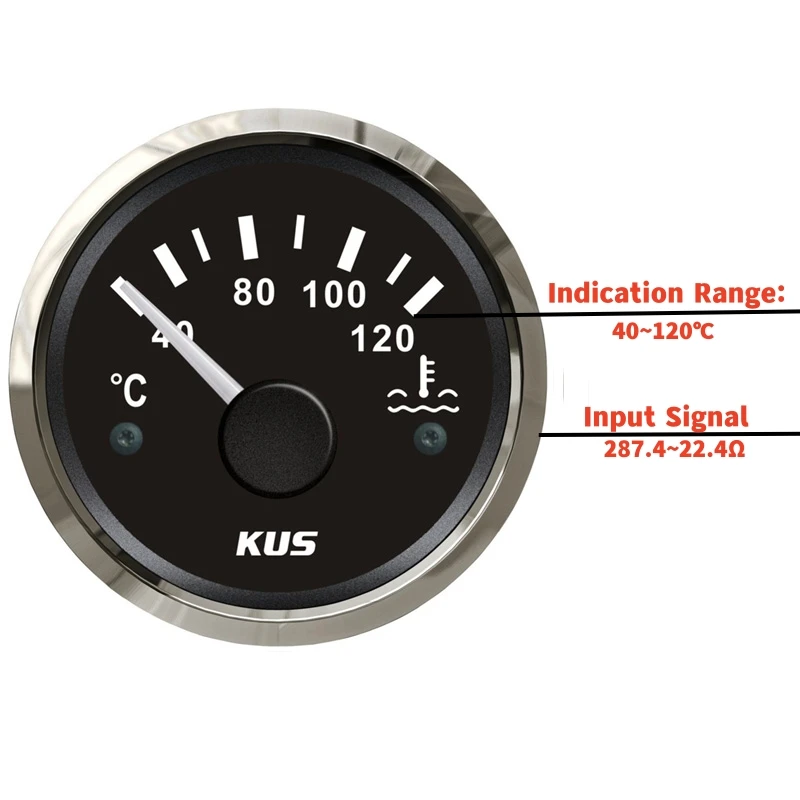 KUS Auto Instrument Panel Water Temperature Gauges 52mm 40-120℃ Show Black Water Temp Meters Red /Yellow Backlight