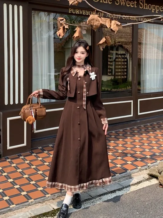 

plus Size Women's Vintage Plaid Splice ter Dr ort Sle Autumn Winter Slimming Top Bot Set Korean Sle High Waist...