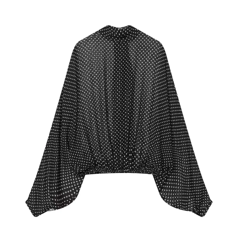 ETJ Dames Polka Dot Blouse Rok Set 2026 Lente Hoge Hals Vleermuismouw Doorzichtige Voorkant Strik Midi A-lijn Jurk Set