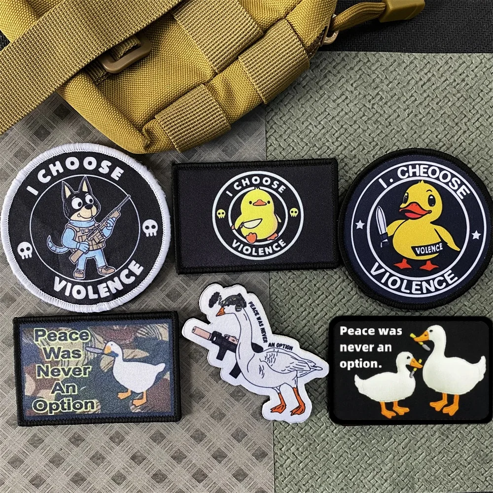 Peace Was Never An Option Tactical Patch Goose Morale Badge Armband Violent Little Yellow Duck with Knife Printing Hook and Loop
