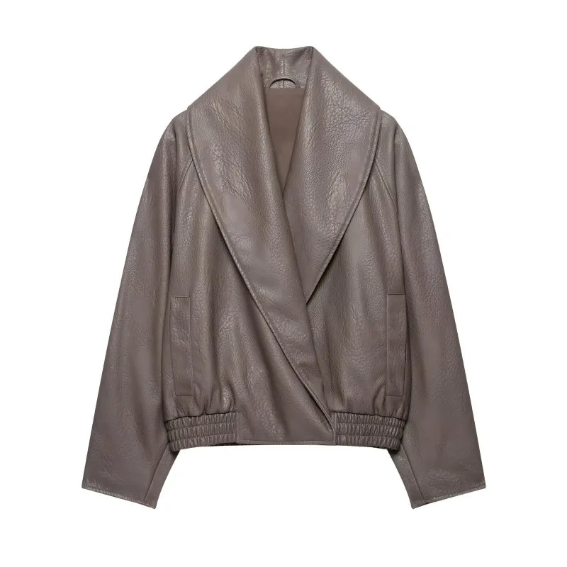 Women Leather Effect Jacket Double Breasted Lapel Collar Long Sleeve Button Front Elegant Coat Autumn Winter Outerwear