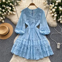 Vintage  Elegant v neck lace Single Breasted Lantern Sleeve puff Dress Women  Fashion summer Spring dresses