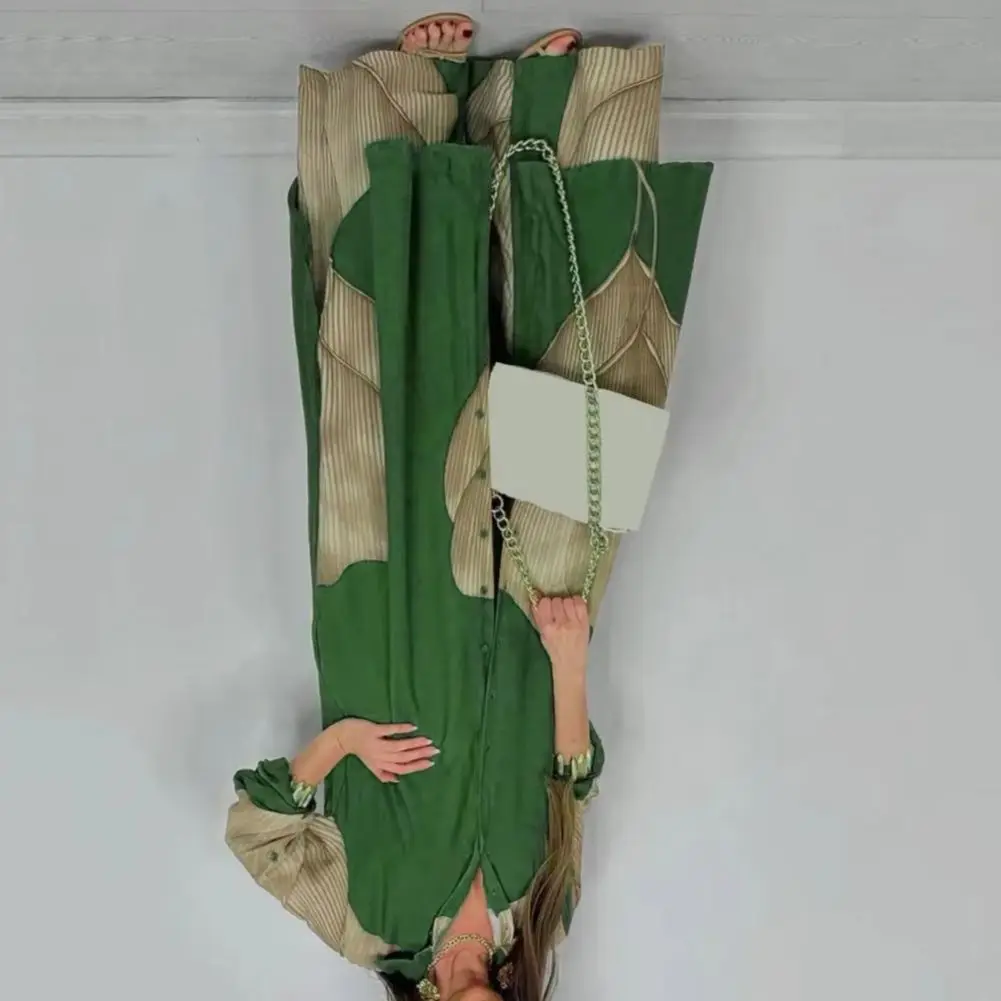 

Women V-neck Patchwork Printed Top And Pants Suit Contrasting Color Commuting Set Wide-leg Trousers And Extra-length Top Loose F