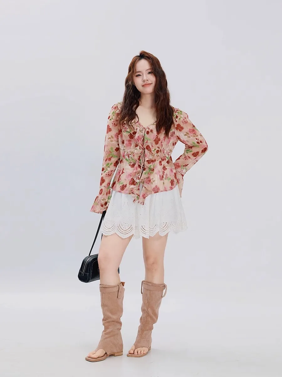 

JINGU Rose Girl Design Loose V-Ne Floral Print irt Slimming Korean Sle Long Sve Women's Premium Lace Sweater