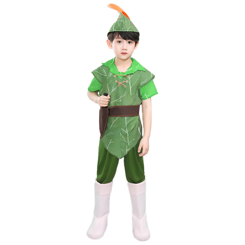 Halloween children green elf costume Party Stage performance Peter Pan green clothing with cap view 2