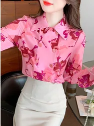 #3139 Pink Chffion Shirts Women Double Breasted Office Shirt Long Sleeve Vintage Printed Ladies Tops And Blouses Spring Autumn