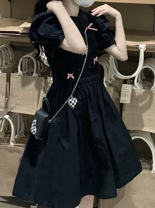 

Sweet Sle Summer A-Line Dr Women's High Waist Cotton ort Sve Doll Collar Knot Slimming Korean Version Mid...