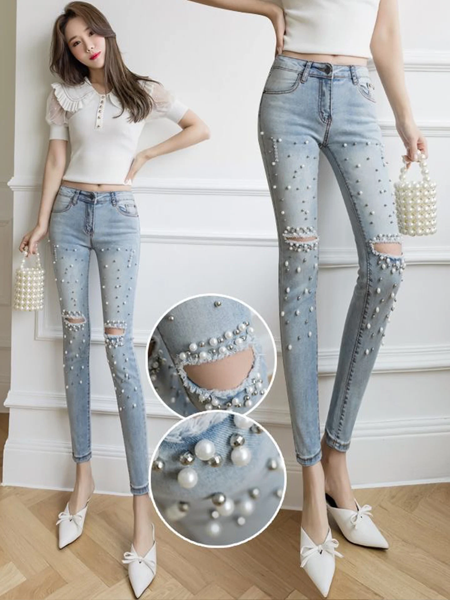Retro Washed Blue Jeans Women's Tight Fit Slimming Nine-Piece Skinny Pants Fashionable Autumn New Style Diamond Piercing Hole