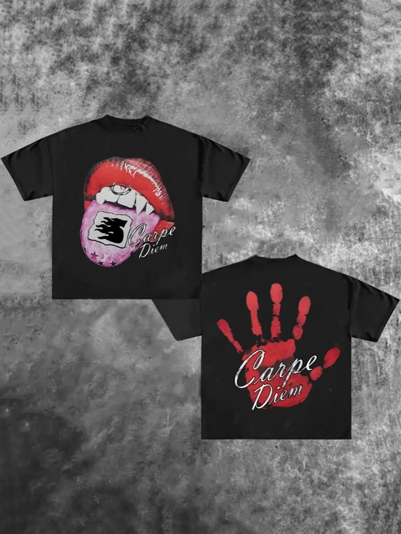 

Мужская летняя модная черная футболка в уличном стиле с красными принтами губ и ладоней Carpe Diem с принтом, модный двусторонний узор с коротким рукавом