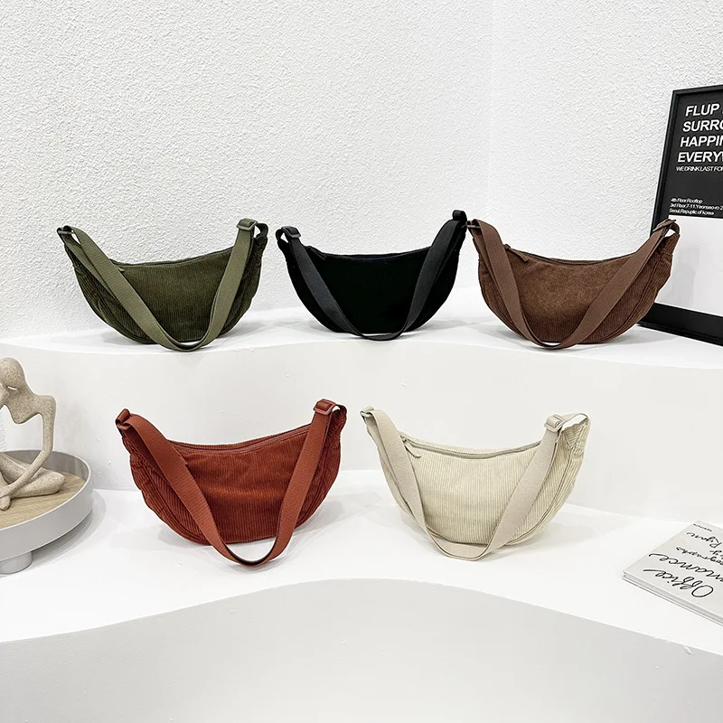 

Solid Color Corduroy Women's Hobos Shoulder Bag Retro Casual Female Crossbody Bags Ladies Daily Travel Handbags Messenger Bags