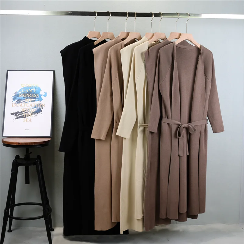 Women Knitted Suits Long Sleeve Cardigan Knit Long Coat And Sleeveless Long Dress 2 Piece Female Autumn Knitted Sweater Set