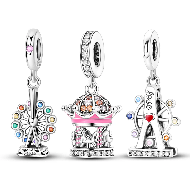 Hot Amusement Park Building Ferris Wheel & Carousel Charms Beads Fit 3mm Original Bracelet Women 925 Silver Charms Jewelry Gifts