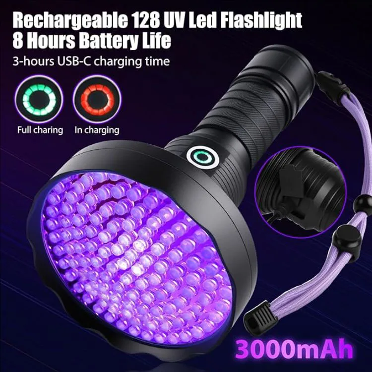 TOPCOM UV Torch Rechargeable 395nm Powerful 10W 128 LED USB-C Pet Urine Detector Scorpions Light with 3000mAh Battery