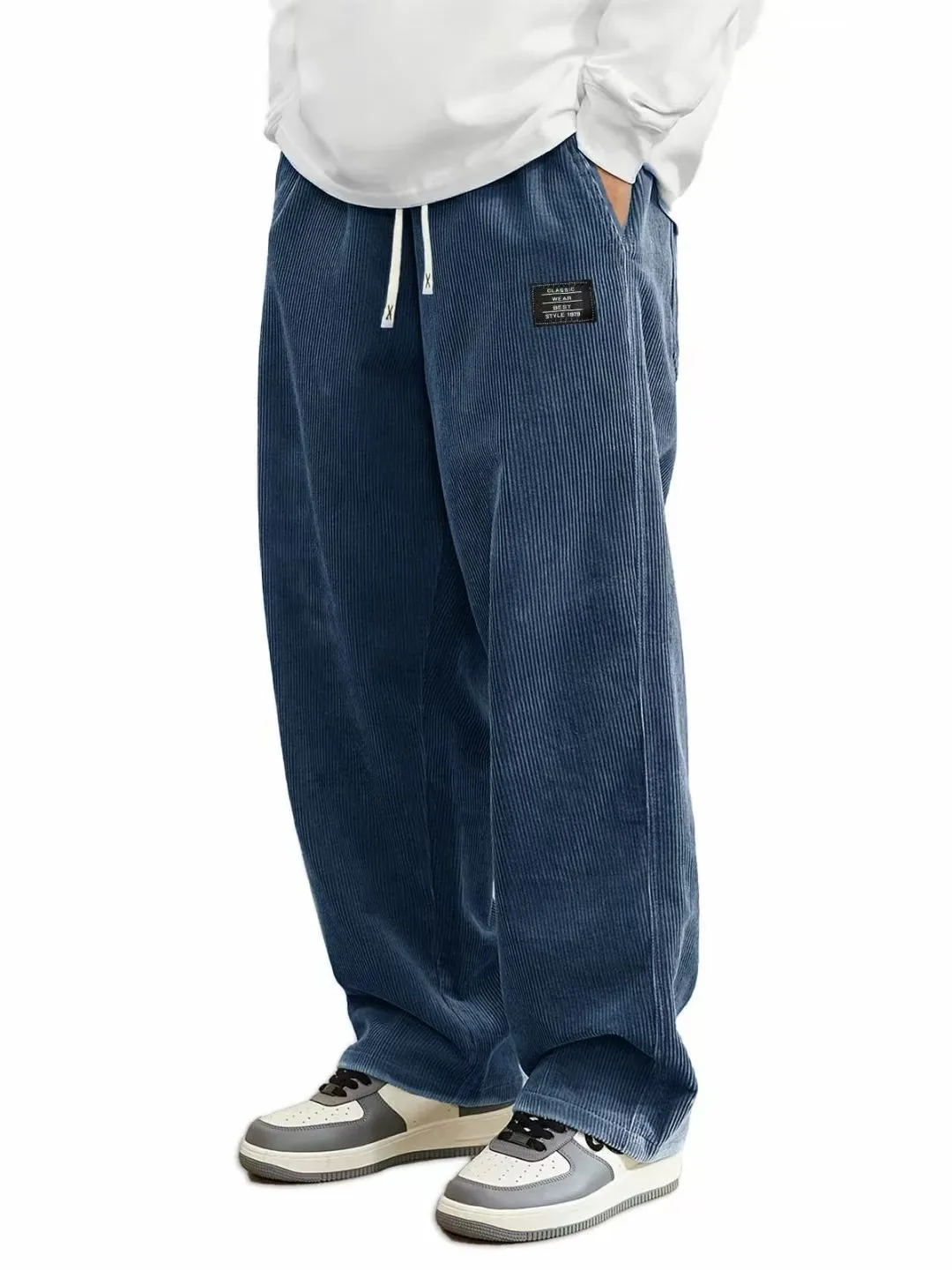 

Men'S Corduroy Straight Leg Pants with Drawstring Waist, Pockets, and Logo Design - Stretchy, Casual Fit for Everyday Wear