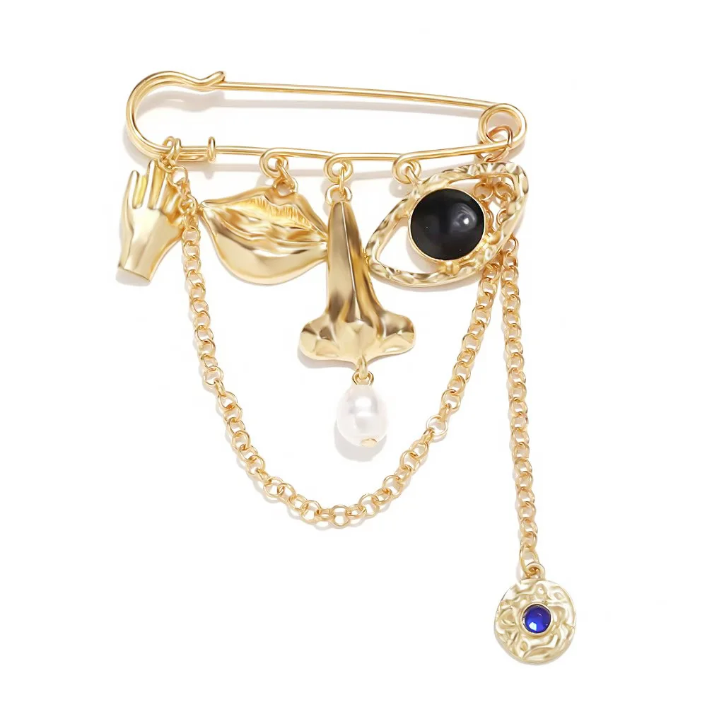 Abstract Face Brooch Exaggerated Eye‑Nose‑Mouth‑Hand Charms Chain Metal Statement Lapel Pin Badge for Women Suit Coat  Accessory