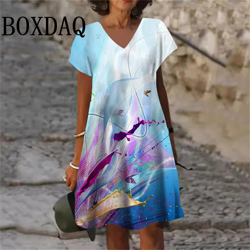 

Women Splash-Ink Dresses For Summer 2025 New Plus Size Fashion V-Neck Short Sleeve Loose Dress Casual Vintage 3D Print Dress 6XL
