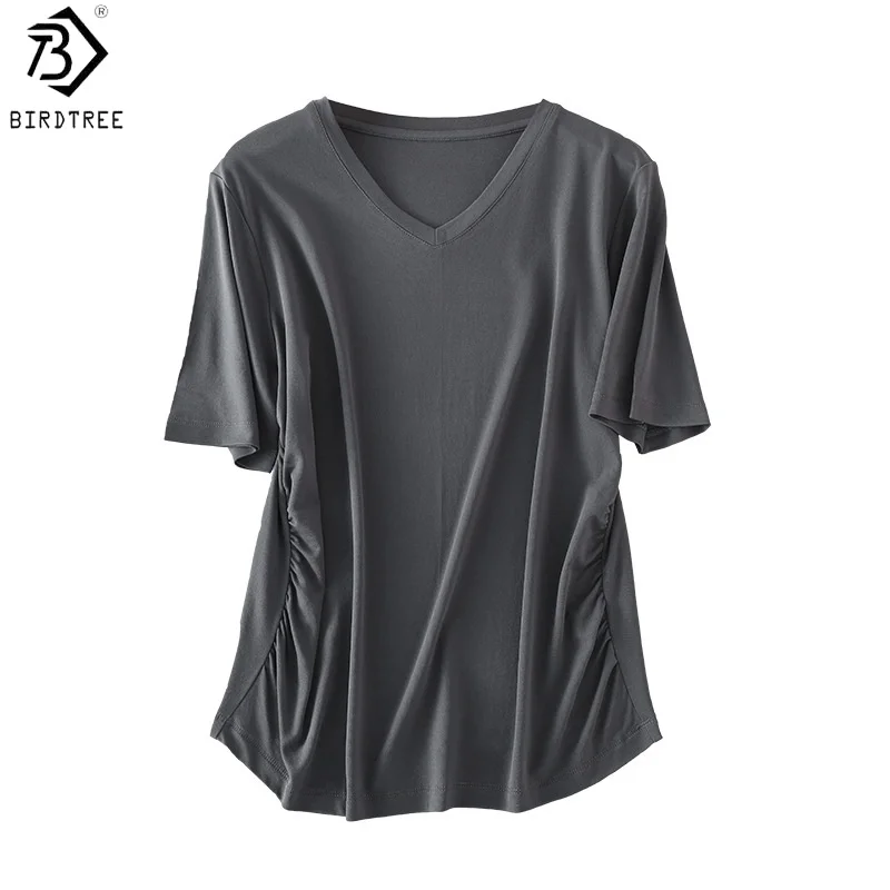 

Футболка Birdtree из 100% натурального шелка, базовая однотонная повседневная модель с V-образным вырезом, женская свободная рубашка с коротким рукавом, новинка весны 2026 года T62308JF