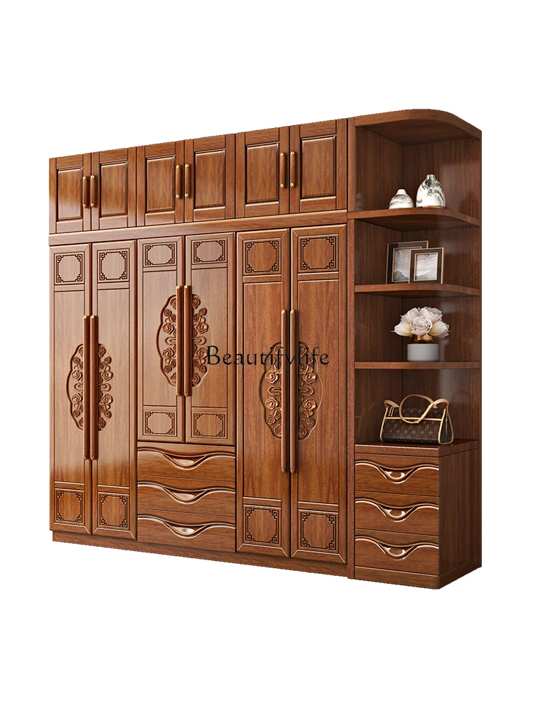 

Walnut solid wood wardrobe, all solid wood large log multi-layer storage cabinet