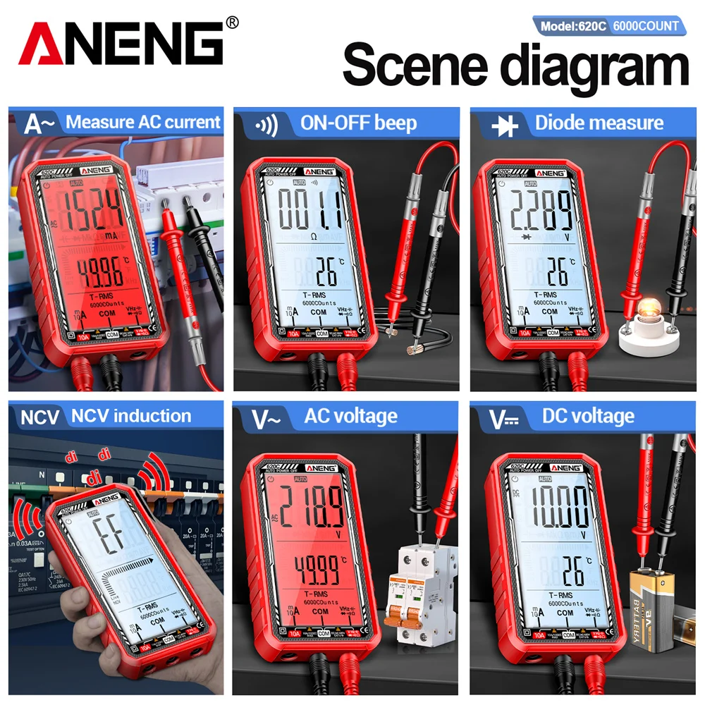 ANENG 620C Digital Multimeters Built-in Lithium Battery 6000 Counts Tester Auto recognition 10A Meter Tools with Charging Cable