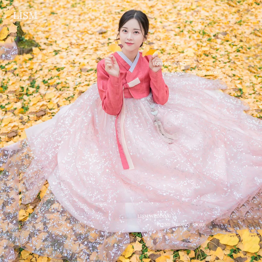 

LISM 2024 Vintage Glitter Pink Hanbok V-Neck Long Sleeves A-Line Floor Length Formal Occasion Gown For Korean Women Photo Shoot