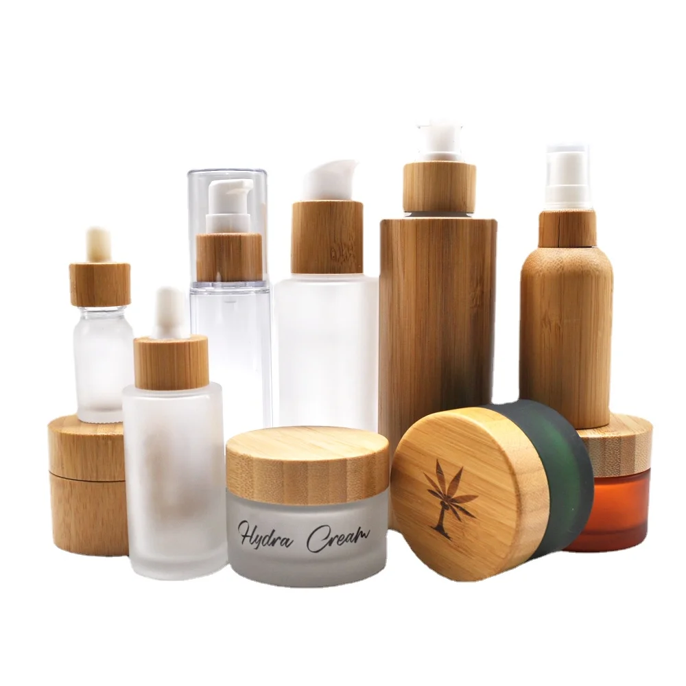 

Wholesale Eco friendly bamboo cosmetic packaging set 15g 30g 50g cosmetic jar 100ml 200g bamboo cream container with bamboo cap