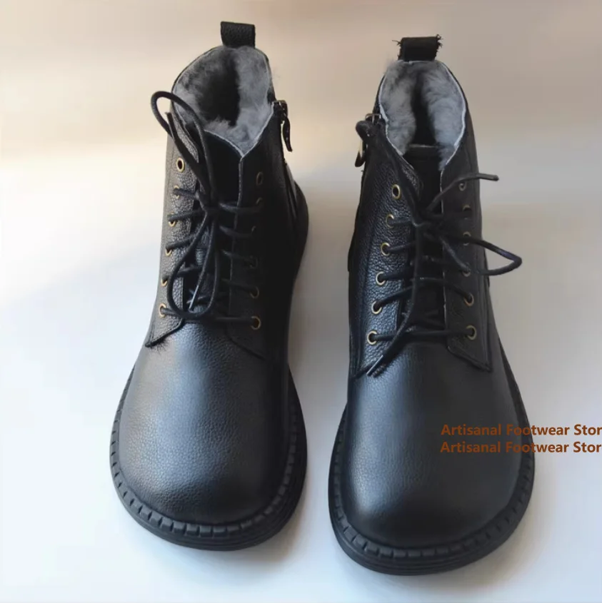 

Pure Wool Wide Round Toe Men's Boots Genuine Leather British Snow Boots Warm Leather Boots Winter Trendy Handmade Cotton Boots