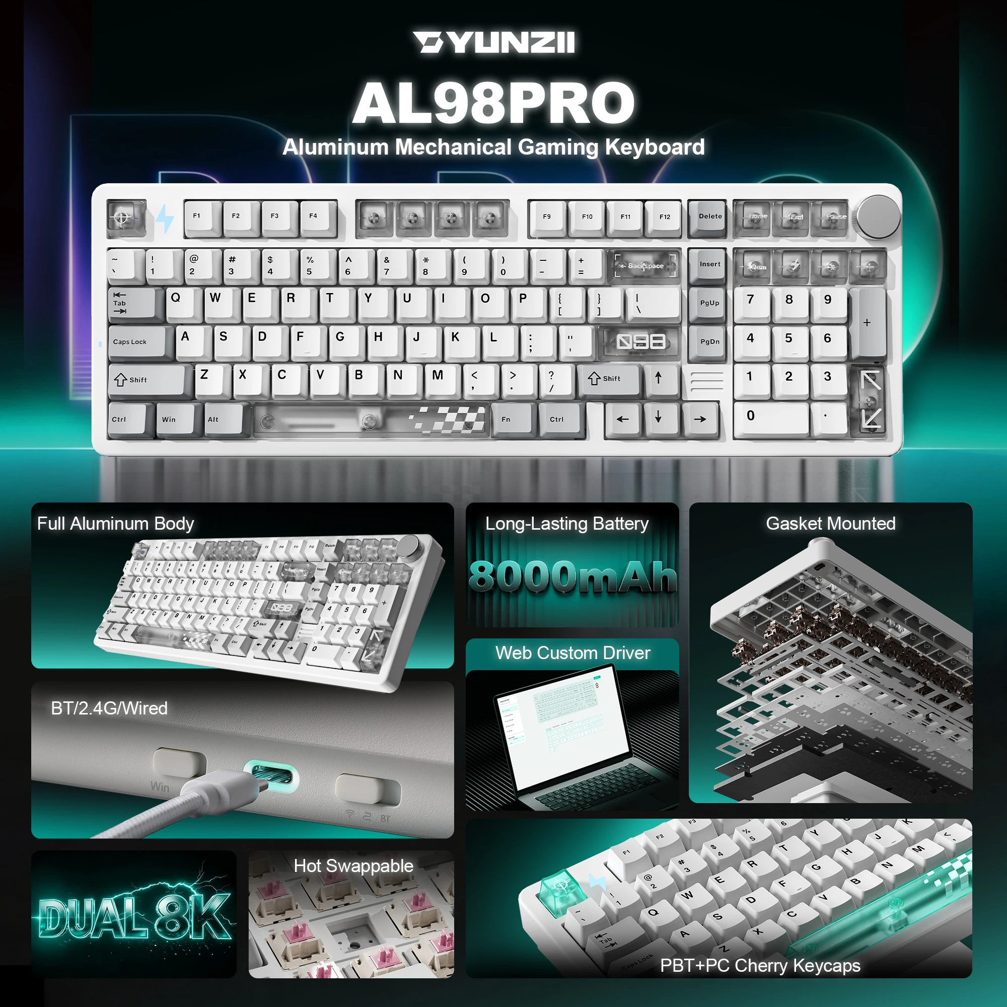 YUNZII AL98 PRO Aluminum Wireless Mechanical Keyboard,Dual-8K Knob Keyboard&Wrist Rest,Hot-Swap Gasket Customize RGB for Win/Mac