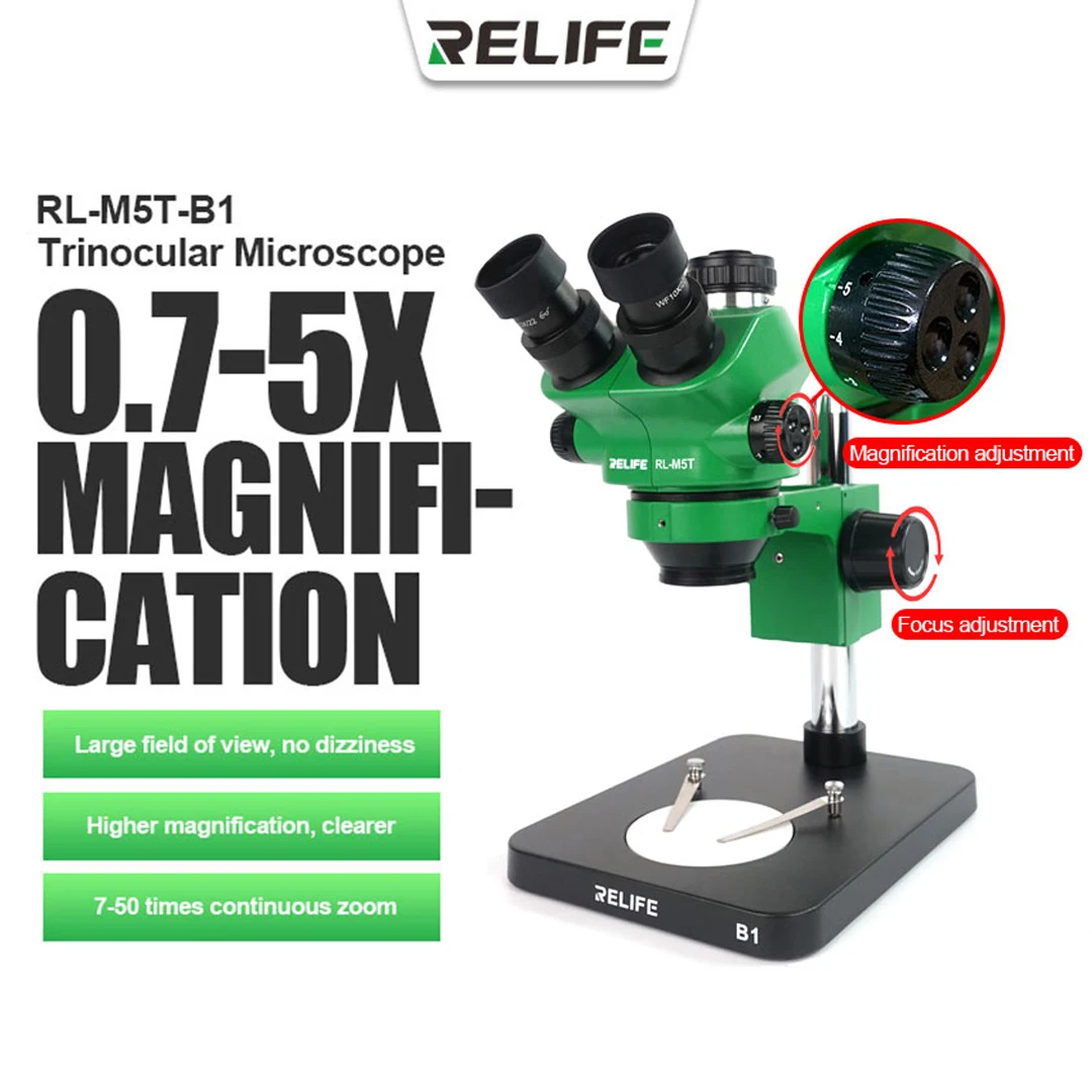 

New RELIFE RL-M5T-B1 0.7-5.0X Trinocular HD Stereo Microscope Continuous Zoom Focus HD Wide Angle Mobile Phone Repair Microscope