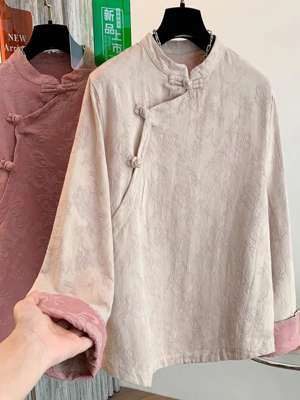 

New Chinese Sle Stand Collar Loose Women's Jaet Autumn Winter Slimming Casual Top Tea Service Base irt