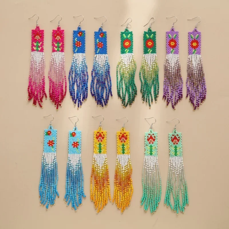 Beaded earrings Tassel Bohemia Flowers Versatile Female Gradient color Design Hand knitting Alloy Tide Rice bead earrings