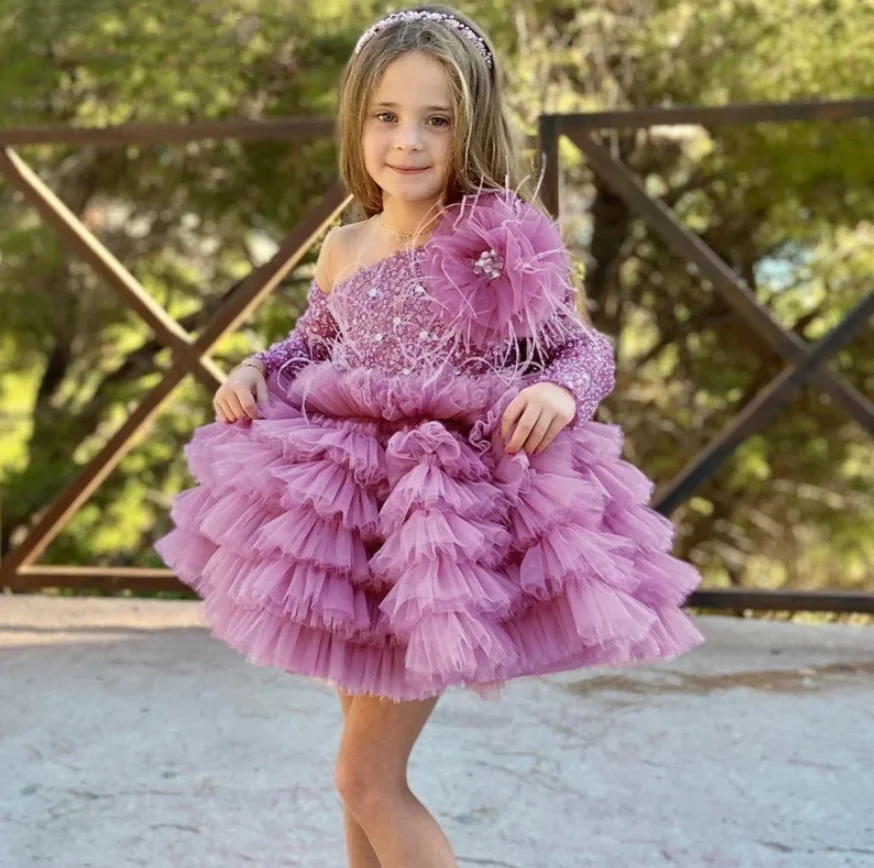 Sparkly Sequined Tulle Flower Girl Dresses Full Sleeves Pageant Dress With Detachable Train Long Birthday Party Gowns