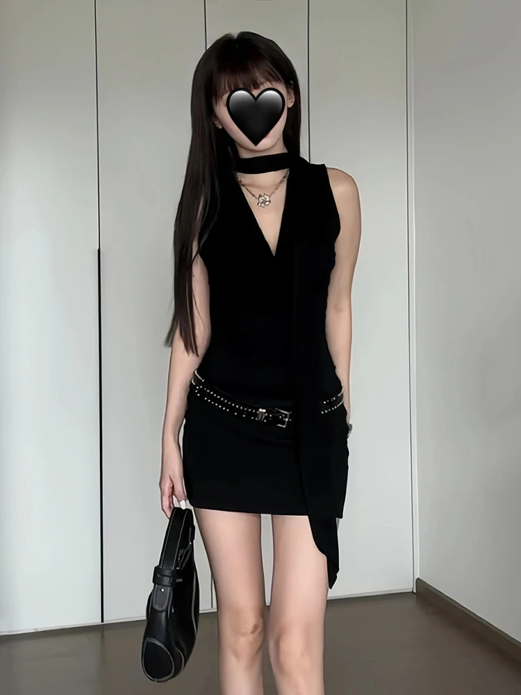 ReddaChic Women Sexy Black Modal Tank Dress Solid Scarf Cowl Neck Sleeveless Stretchy Bodycon Mini Dress Sexy Night Clubwear