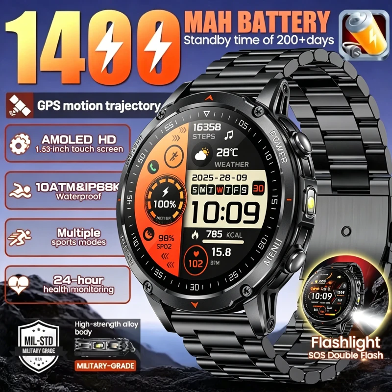 2026New 1400mAh Large battery SmartWatch Men GPS Sports 3ATM Waterproof Health Monitoring Sleep LED Flashlight Smart Watch Men