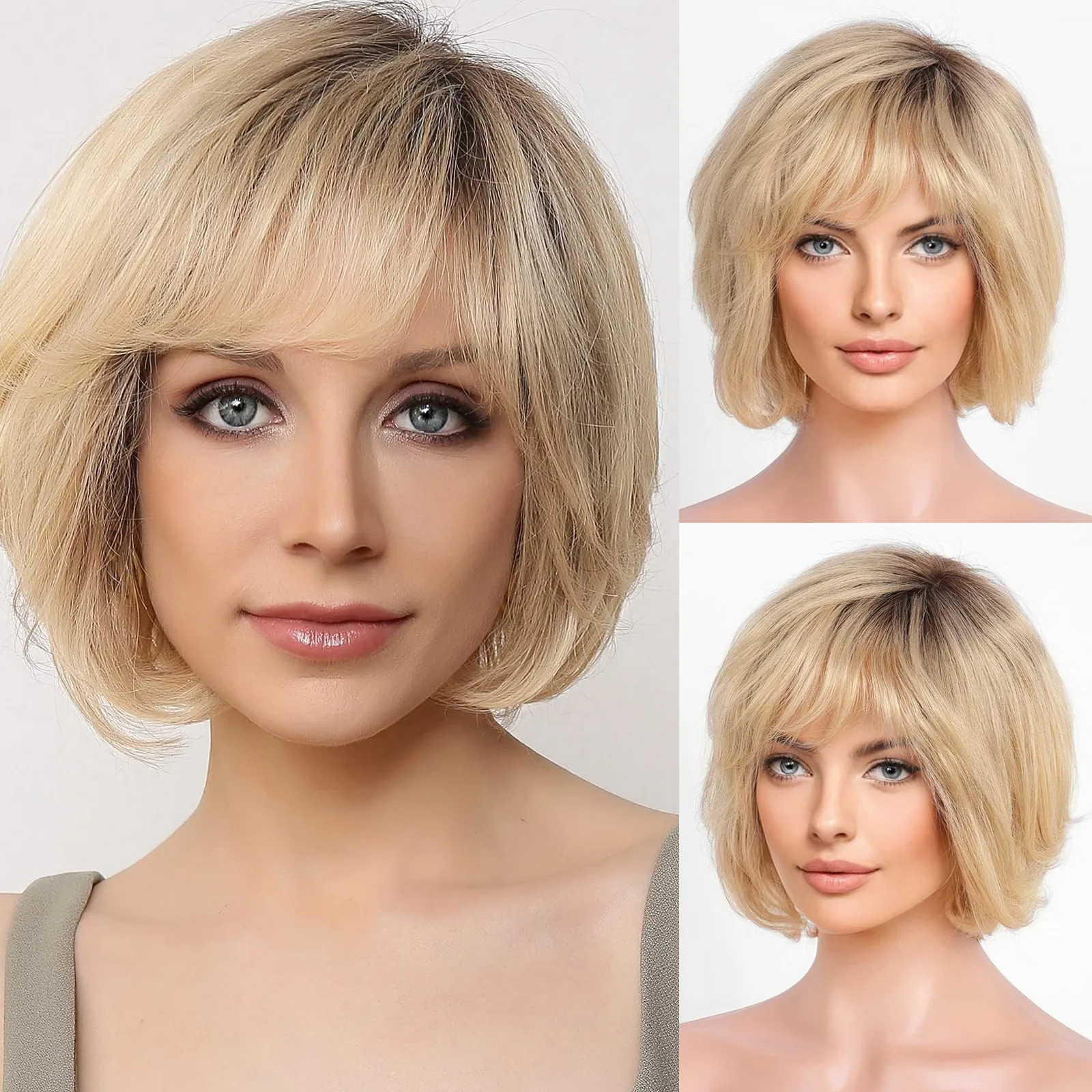 

Short Lace Front Wig Ombre Light Blonde 100% Remy Human Hair for Women Hand-Tied HD Lace Human Hair Natural Layered Glueless Wig